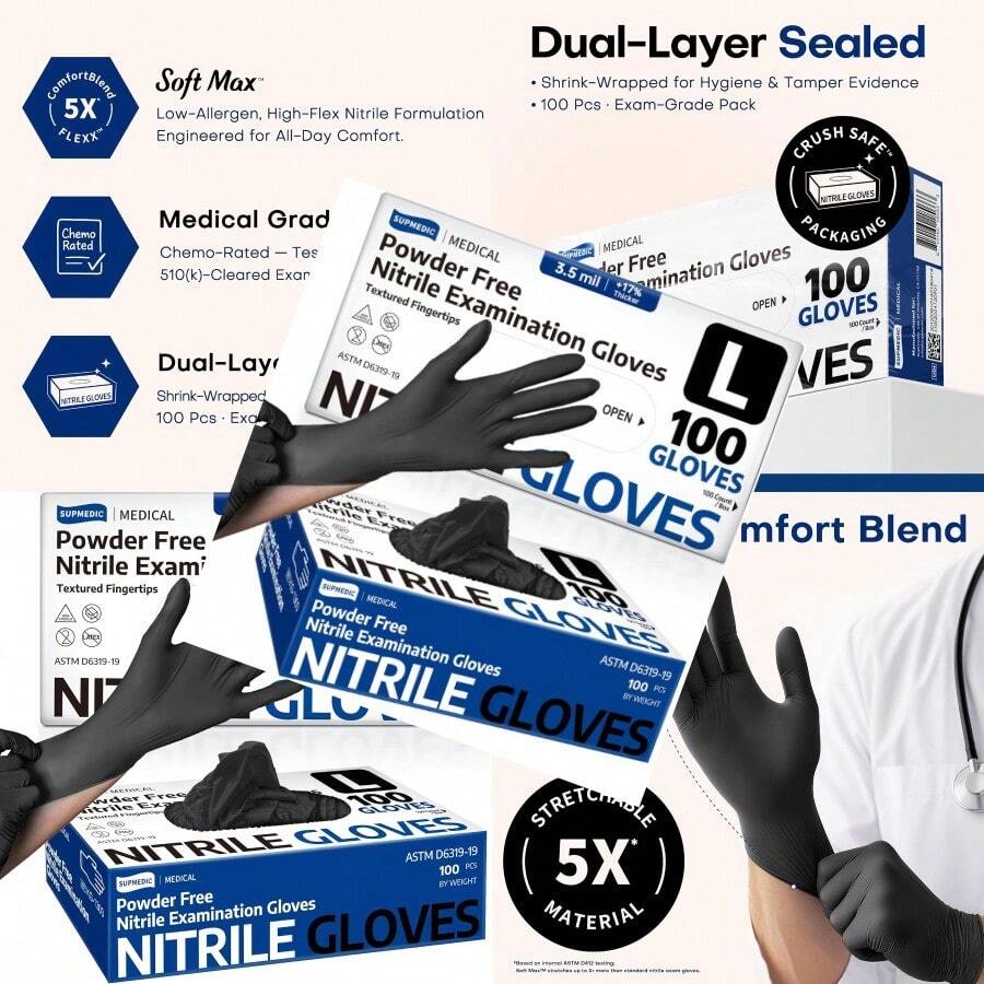 Medical Soft Max™ Black Nitrile Disposable Gloves 100 Pcs LatexFree And PowderFree Food  Food Prep Exam Gloves - 大號黑色 - 查看 1