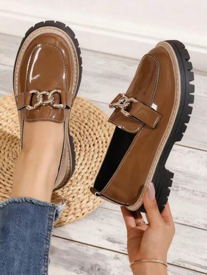 厚底防水厚底女式乐福鞋，新款休闲时尚金扣 PU 皮革一脚蹬牛津鞋，圆头，复古英伦风格平底鞋，适合日常、通勤、护士、空姐