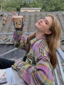 Colorful Plaid Button Front Coat, Stylish Long Sleeve Collared Coat For Fall & Winter, Women's Clothing,Long Sleeve Tops Fall Cloth For Women ,Christmas Clothing,Halloween Women's Clothing, Autumn &Winter Clothes For Women