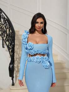 Floral Slit Sexy Long Sleeve Bandage Party Dress