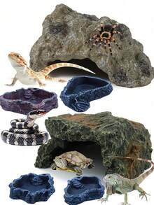 Reptile Rock Hideout, Feeding Dish Food Bowl, Bearded Dragon Tank Gecko Snake Shelter Habitat, For Terrarium - Aquarium - Feeding Box Decoration, Suitable For: Lizards, Turtles, Reptiles, Amphibians, Fish