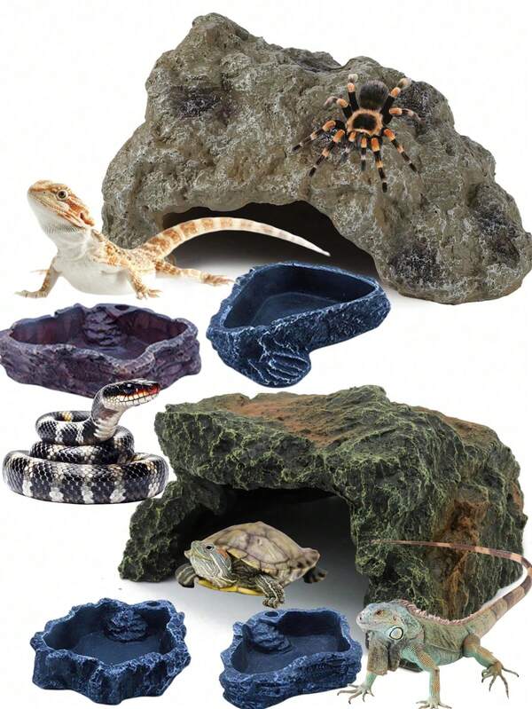 Reptile Rock Hideout, Feeding Dish Food Bowl, Bearded Dragon Tank Gecko Snake Shelter Habitat, For Terrarium - Aquarium - Feeding Box Decoration, Suitable For: Lizards, Turtles, Reptiles, Amphibians, Fish