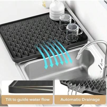 1pc - Large Silicone Dish Drying Mat, 15.75x11.81 Inches, Built-In Drain Design, Dish Rack & Space Saver, Easy To Clean, Black & Gray For Fridge, Stove, Sink (Modern Kitchen), Minimalist Design, Non-Slip Surface, Countertop Protector, Essential For Home Cooking