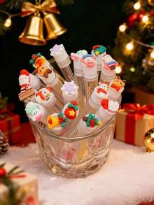 1/3/5/7/10支装哑光磨砂圣诞卡通图案睫毛刷眉刷便携管状化妆刷套装，带透明收纳盒，图案包括雪花、雪人、拐杖糖、驯鹿、铃铛等，可用于眉刷、眼影刷等。 - 彩色 - 查看 1