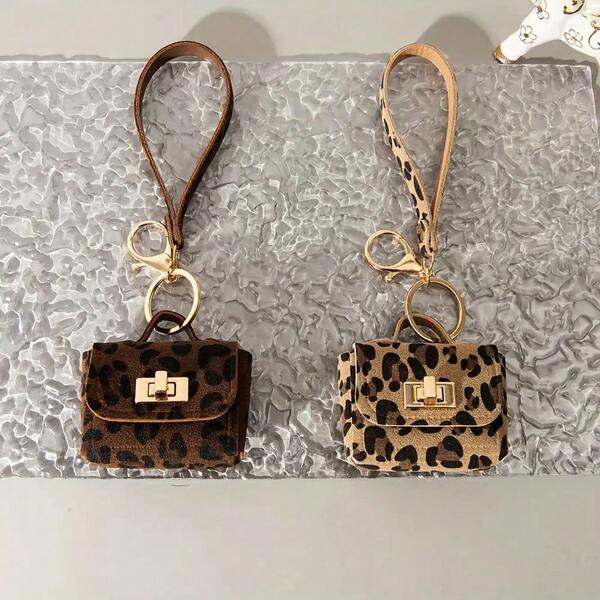 Vintage Leopard Print Faux Leather Keychain Wallet - Compact Coin Purse With Zinc Alloy Clasp, Dark Brown And Gold Accents, Teacher's Day, Back-To-School Season, And Graduation