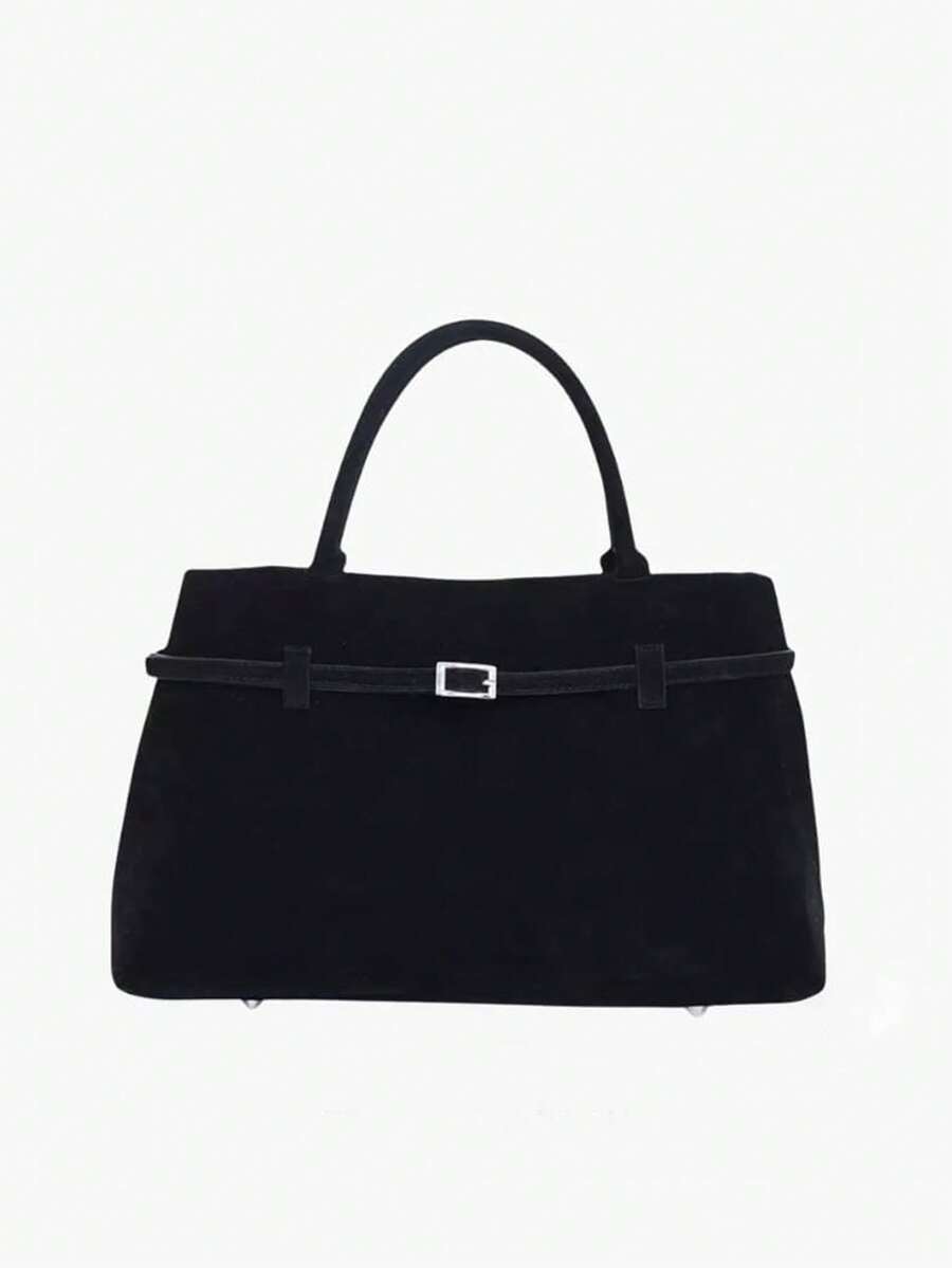 1pc BUTFLY Vintage Style Large Capacity Suede Handbag, Solid Color, Fixed Shoulder Straps, Buckle Closure, Polyester Lined, Fabric Tote For Daily Commute, Date, And Travel