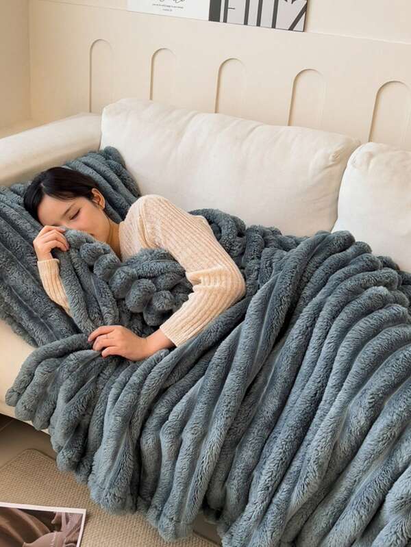 1 cobertor grosso de lã listrada cinza sólida, cobertor de pele de coelho sintética, macio, quente e confortável, portátil para escritório, sala de estar, animais de estimação, viagens