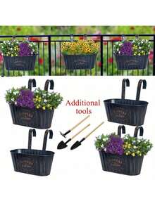 复古做旧印花椭圆铁艺吊花盆阳台金属花桶轨道花盆多肉绿植花盆黑色田园铁皮装饰花盆