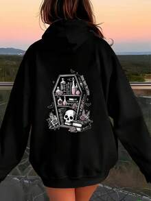 Sudadera con capucha de estilo gótico oscuro con ilustración de rosa y calavera, adecuada para el uso diario, salidas casuales, hogar versátil, caminatas al aire libre, simple y sencilla, estilo de nicho moderno, primera opción para parejas - Negro - Ver 6