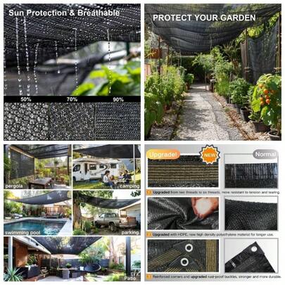 - Tela de Sombra de 50 6x10 pies, Negro, Polietileno, Resistente al, Montaje en Poste