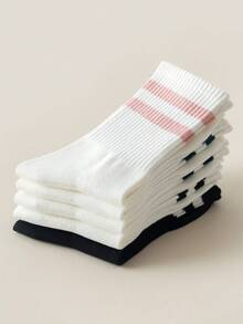 1/3/4/5 双装 女士白色经典条纹腰部舒适柔软简约休闲运动中筒袜