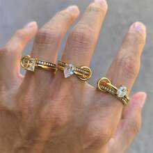 VKHK 1 قطعة خاتم دائرتين مزين بالزركونيا، مطلي بالذهب الأصفر عيار 18 قيراط من الفولاذ المقاوم للصدأ، مناسب للاستخدام اليومي والزفاف للنساء، هدية - متعدد الألوان - مشاهدة 4