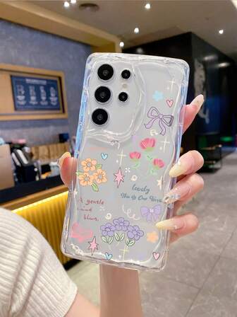 1 pieza Funda protectora de teléfono transparente con patrón de flores y mariposas en morado, amarillo y rosa, con ondas gruesas y agujeros precisos, ideal para protección anti-caídas y anti-golpes, opción de moda elegante y minimalista para entusiastas de la moda