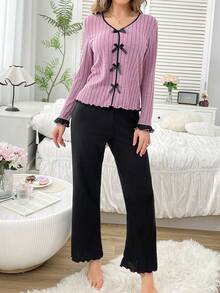 Women's Bow Contrast Color Long Sleeve Top & Pants Pajama Set, Fall & Winter Clothes