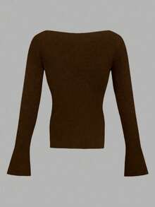 女士纯色罗纹针织上衣，舒适时尚，适合春秋季晚间约会、节日、外出等场合，钩针编织，复古风格，秋季，返校季 - 香檳色 - 查看 3