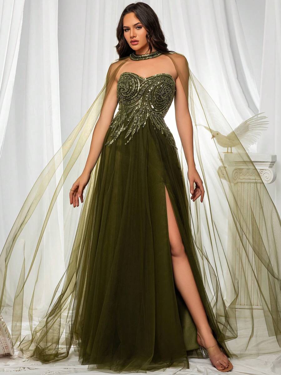 VIPGIRL Luxury Nude Two Pieces A-Line Layered Sheer Dress With Pearl Embellished Shawl And High Slit, Elegant Party Dress - Green - View 1