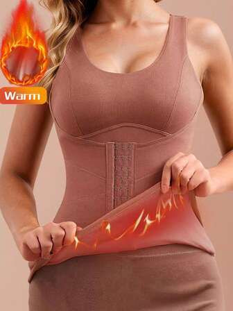 Women's Seamless Padded Snap Button Tummy Control Thermal Underwear Vest, Adjustable Shaping, Comfortable Bust Support & Waist Cinching, Suitable For Autumn/Winter
