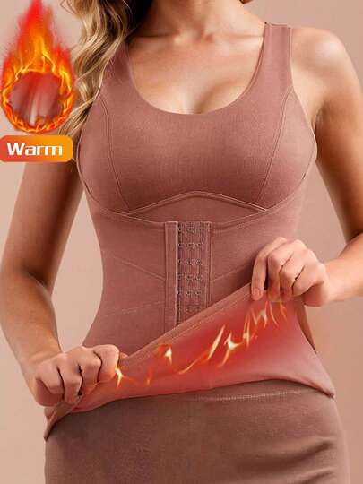 Women's Seamless Padded Snap Button Tummy Control Thermal Underwear Vest, Adjustable Shaping, Comfortable Bust Support & Waist Cinching, Suitable For Autumn/Winter