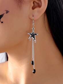 1 Pair Gothic Ramadan Design Black Star Moon Lava Crystal Tassel Dangle Earrings, Suitable For Daily, Party, Festival Wear, Women Gift