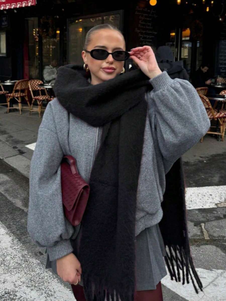 1件女款白色冬季流蘇圍巾,可當頭巾、披肩,保暖防風防寒多功能圍巾,適合日常通勤與其他穿搭,女士禮物 - 黑色 - 查看 1