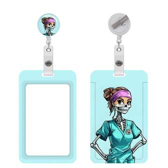 护士主题伸缩徽章卷轴，带夹式证件夹，饰有“护士”图案、骨骼和医疗符号。非常适合护士、医生、学生和医疗保健专业人士。骨骼医学主题的医疗装备。