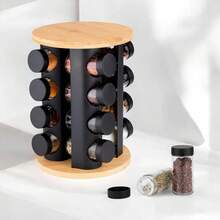 4-Tier Rotating Wooden Spice Rack Set, Multi-Function Seasoning Organizer, Rotating Spice Jars, Rotating Storage Rack, Condiment Bottles Combination Set, Rotating Spice Bottle Rack For Kitchen - Black 4 Layers - View 5
