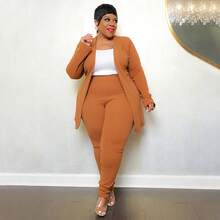 Plus Size Women's Classic-Color Long Sleeve & Trousers 2-Piece Set - Stretch Office Wear Elegant Suit Work & Daily Commute,Five Colors Are Available To Choose From.Please Check Size Chart Before Purchasing.Plus Size Fall Clothes Women,Plus Size Women Clothes,Vestidos Elegantes De Mujer,Western Wear Women Plus - 南瓜色 - 查看 1