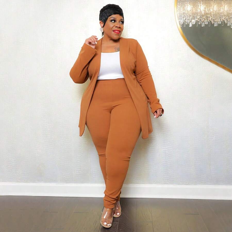 Plus Size Women's Classic-Color Long Sleeve & Trousers 2-Piece Set - Stretch Office Wear Elegant Suit Work & Daily Commute,Five Colors Are Available To Choose From.Please Check Size Chart Before Purchasing.Plus Size Fall Clothes Women,Plus Size Women Clothes,Vestidos Elegantes De Mujer,Western Wear Women Plus - 南瓜色 - 查看 1
