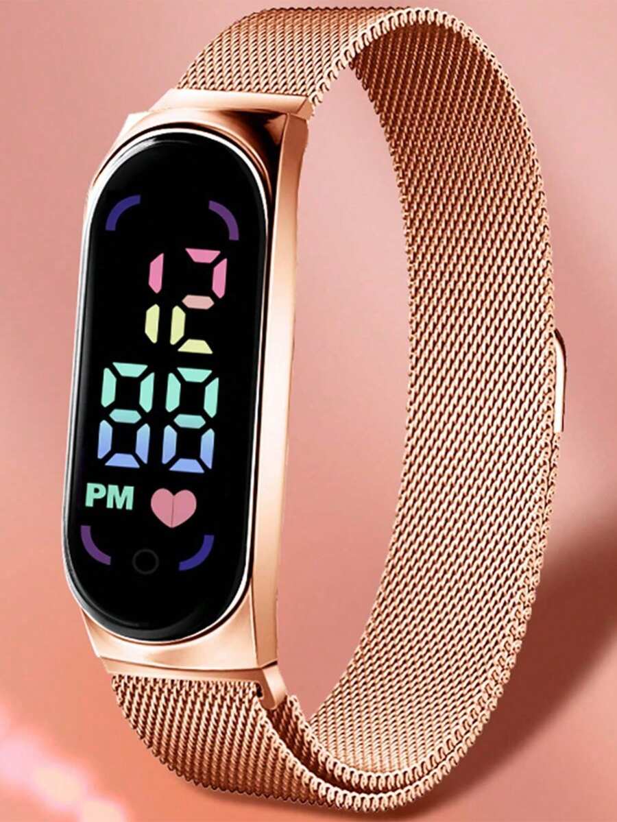 1pc Magnetic LED Display Digital Watch With Oval Pointer, Sports Digital Watch With Mesh Stainless Steel Strap