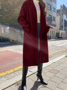 女式秋季双口袋翻领双排纽扣上衣中长夹克 - 酒紅色 - 查看 2