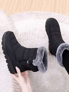 Yards Outdoor Thickened Thermal Lined Snow Boots For Women, Mid-Calf Length For Winter, Round Toe & Flat Heel Plus Size Waterproof & Anti Skidding High-Tops Women's Boots, Winter Boots For Middle-Aged Women & Moms.