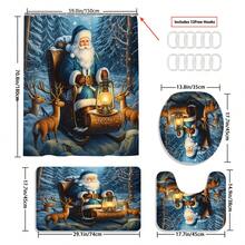 Christmas Decorations1/3/4pcs Santa Claus In The Snowy Forest Shower Curtain Bathroom Set,Poinsettia Reindeer Print Waterproof And Wear-Resistant Accessories,With 12 Hooks - Includes Toilet Seat Cover, Bath Mats, And Rugs Polyester Fabric - Washable - Perfect For Holiday Decor,Home/Bedroom/House/Western/Winter Decor