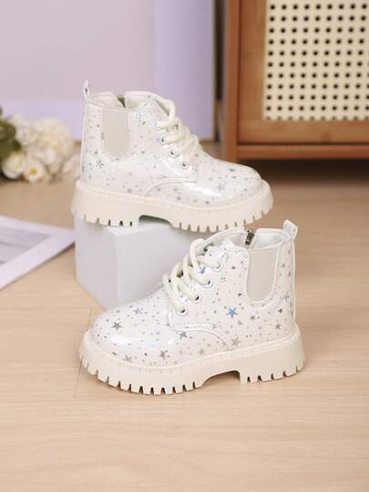 1 Pair Soft Shiny PU Infant/Toddler Girls' Boots, Rubber Sole, Front Lace-Up, Side Zipper Design, Fashion Children Short Ankle Boots, Suitable For 3-12 Years Old Girls, Daily Casual, School, Holiday, Party, Student, Princess, New 2025 Autumn/Winter