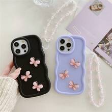 极简奢华蝴蝶造型手机壳，糖果波浪形光滑水晶蝴蝶+蝴蝶腕带，兼容 12/13 Pro Max、Note 11 4G、Galaxy A55、Note 30、Moto E30，全包防震保护套，3D花卉装饰珍珠点缀，春季礼物派对佳品，国际版，非国内版 - 黑色 - 查看 3