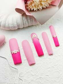 10pcs Glossy Y2K French Western Ocean Nail Art, Pink Nails, Red Nails, Light Blue Nails, Shiny Nails, 3D Handmade Starfish & Shell Decor, 3D Hand-Painted Wavy 3D Colorful Carved Rectangle Acrylic Nails, Perfect For Bikini Beach Matching. - 玫紅色 - 查看 5