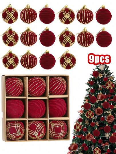 9 件 - 2.36 英寸圣诞树装饰天鹅绒球，植绒装饰球圣诞节装饰品套装圣诞树花环，壁炉和楼梯装饰圣诞树花环，壁炉楼梯装饰，婚礼和圣诞礼物红色和金色