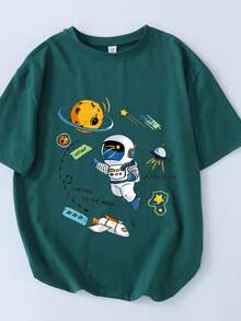 Young Boy Chic Streetwear Stylish Cartoon Astronaut Print Round Neck T-Shirt, Spring & Summer - Dark Green - View 2