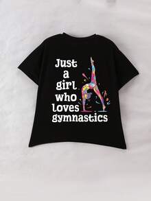 女童舞者标语印花圆领T恤，柔软休闲夏季T恤，适合青少年女孩 - 黑色 - 查看 3