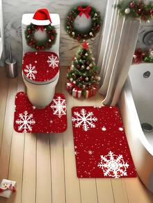 Juego de 3 alfombras de baño navideñas, hechas a máquina en franela, con 1 cm de espesor de esponja, alfombra de baño rectangular antideslizante de poliéster con estampado de copos de nieve, lavable, tejido plano, tela no tejida, con respaldo de PVC, 600 g/m² - Multicolor - Ver 6