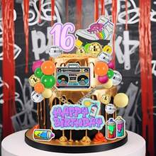 D37 Pcs Hip Hop Happy 16th Birthday Cake Topper Decor Rolling Into 16 Theme Gold Glitter DIY Sweet 16 Birthday Disco Party Cake Decorations Plies For Boys Girls - 如圖 - 查看 4