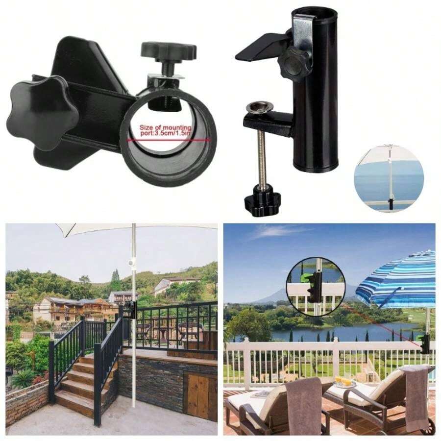 - Soporte para sombrilla de patio, soporte para paraguas de terraza, soporte de metal, clip para playa, pesca, soporte para sombrilla para balcn, color negro - Negro - - Ver 1