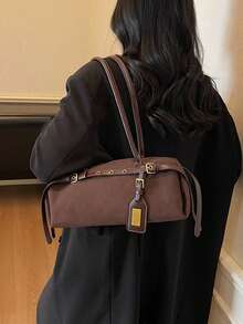 1pc Fashionable PU Commuter Bag, Minimalist Solid Color Vintage Style Casual Shoulder/Underarm Bag For Women, Autumn/Winter - Coffee - View 3