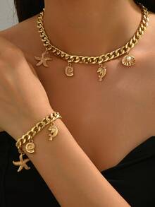 1 Set de 2 buc Colier și Brățară în Stil Oceanic cu Delfin, Scoică și Perle Artificiale, Set de Colier și Brățară cu Lanț Metalic Personalizat la Modă cu Pandantive cu Stea de Mare, Scoică și Delfin, Potrivit pentru Ținute de Zi cu Zi, Petreceri și Evenimente pentru Femei