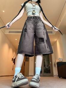 Quần short denim rách cổ điển mới 2025, quần dài thường ngày cá tính, giặt ombre phong cách đường phố - màu đen - Xem 1