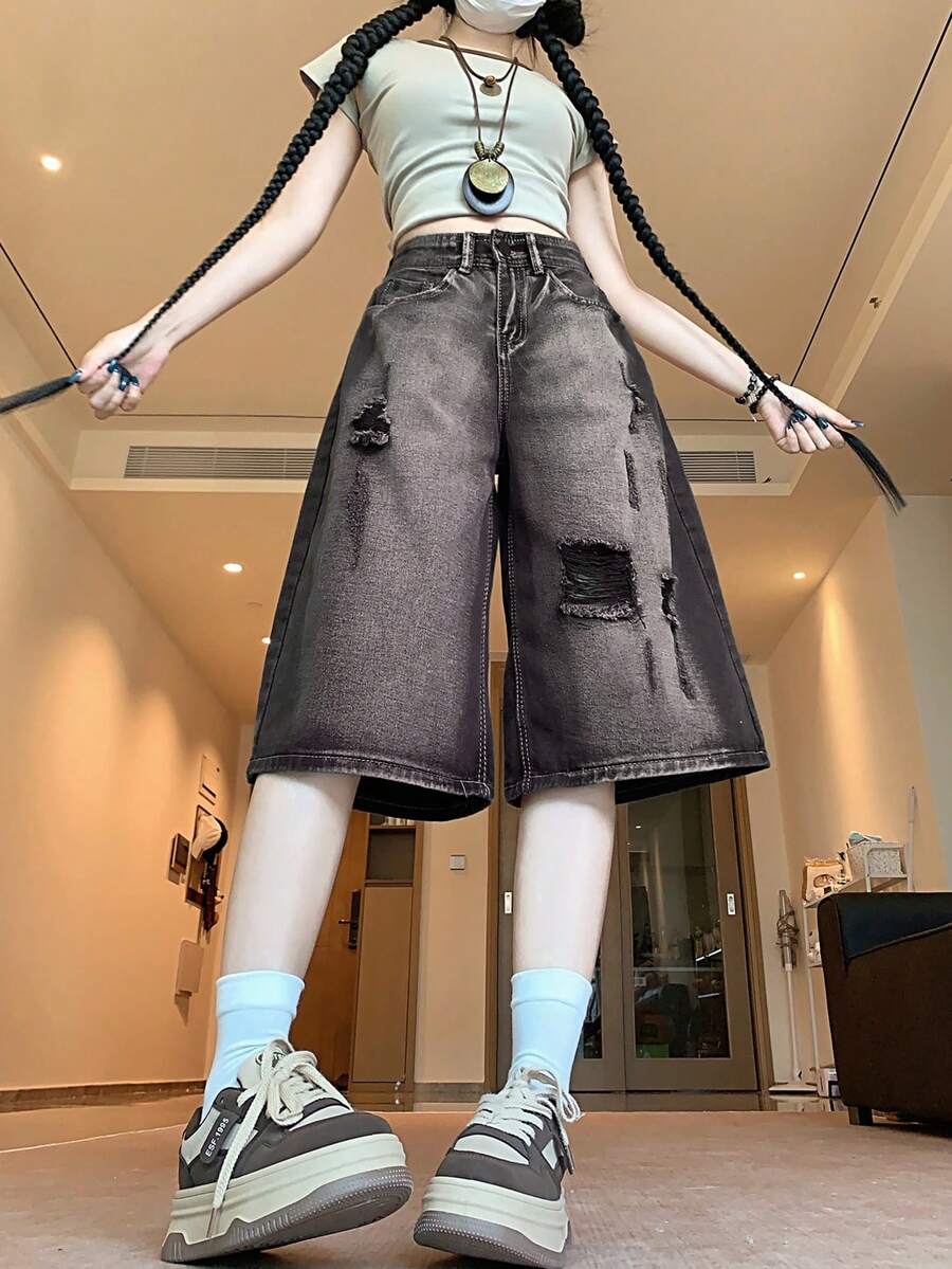 Quần short denim rách cổ điển mới 2025, quần dài thường ngày cá tính, giặt ombre phong cách đường phố - màu đen - Xem 1
