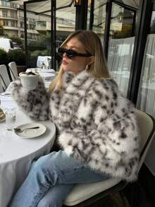 女式仿皮草豹纹大衣，优雅性感的高端外套，秋冬 - 淺灰色 - 查看 2