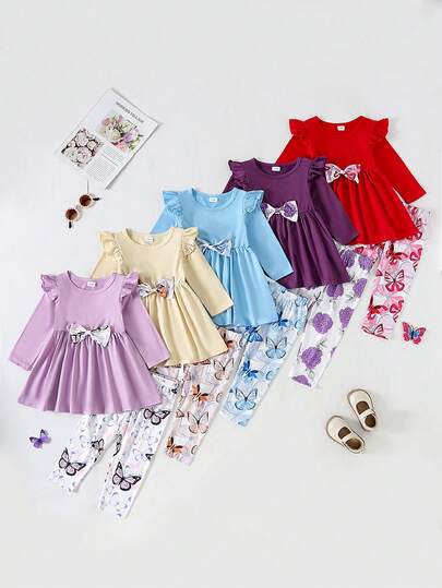 10pcs Set Baby Casual Bow Decor & Random Butterfly Print Long Sleeve Dress With Matching Floral Print Leggings, Outdoor Autumn/Winter