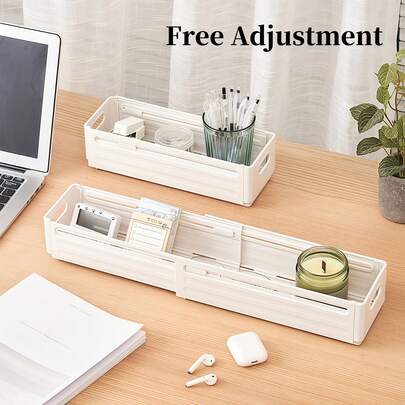 1/2pcs Plastic Expandable Storage Box, Space Saving Makeup Organizer, Adjust Length Rectangle Dresser Table Storage Case, Multipurpose Wardrobe Organiser For Stationery, Cosmetics, Pen, Cosmetic Brushes, Lipstick And Perfume, Home Essentials