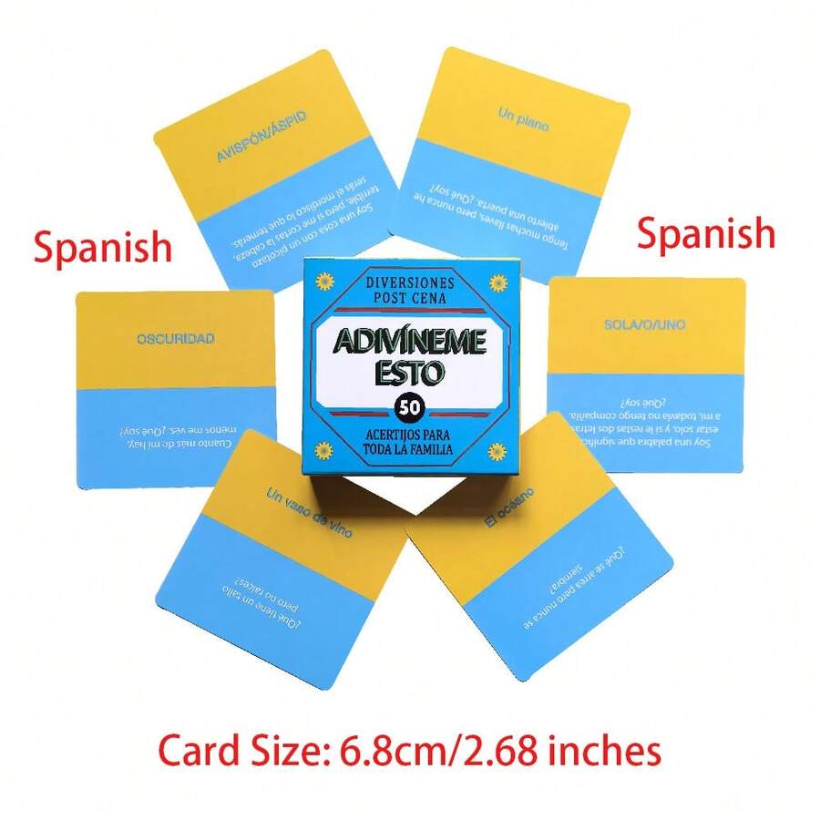 Jogo de Cartas "Riddle Me This & Adivineme Esto", Jogos de Festa, Atividades, Cartas Quadradas de Entretenimento Casual, Reunião Familiar, Jogo de Tabuleiro de Cartas, Tamanho da Carta 6,8 cm/2,68 polegadas