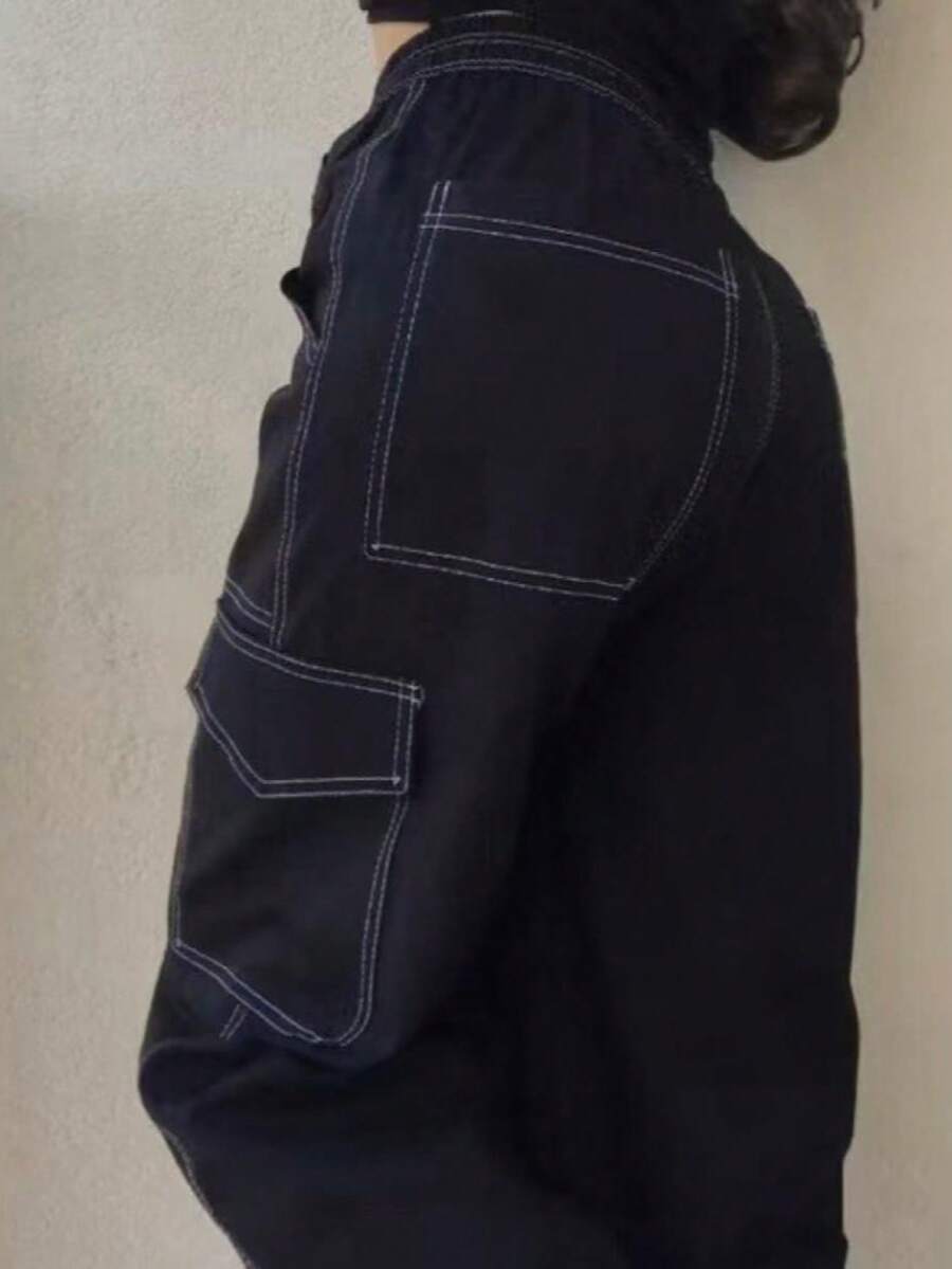 WOMEN'S SKATEBOARD WIDE TWILL CARGO JOGGER PANTS, CASUAL, 5 POCKETS, DRAWSTRING CLOSURE, UNISEX FASHION - 白線 - 查看 1